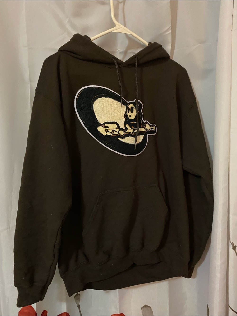 Gildan Brown Hoodie with Cream Graphic  Skate Inspired Patch